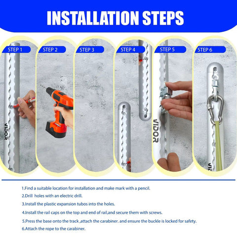 Installation steps for Hella Durable Resistance Band Wall Mount Rack with two aluminum brackets and five cords.