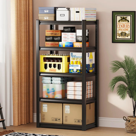 Heavy Duty Metal Storage Shelves displaying boxes, bottles, and cans in a five tier utility rack for organized storage.