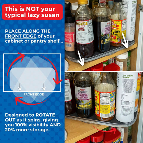 Beefy Steel Reinforced Lazy Susan Cabinet Organizer Turntable for narrow pantry, holding jars with magnetic stop.