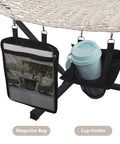 Cup holder and magazine bag attached to a double rope hammock with hardwood spreader bar and carrying bag