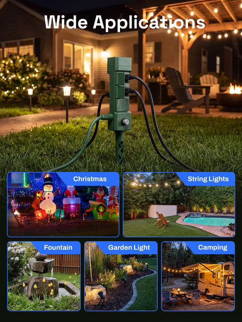 Top Notch Six Outlet Outdoor Smart Power Stake Timer Offering Slick Wifi Setup And No Fuss Voice Control Synced With Alexa And Google Home For Plug And Play Yard Automation And Garden Light Scheduling in a garden setting.
