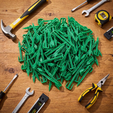 200 Pack 4 Inch Biodegradable Landscape Stakes For Landscape Fabric Weed Barrier And Turf Sod Staples piled on table