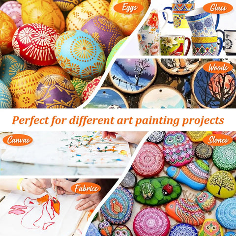 Collage showing colored eggs, painted mugs, wood discs, canvas, fabric art, and decorated stones for painting projects.
