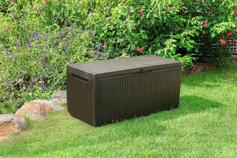 Springwood 80 Gallon Resin Outdoor Storage Box for Patio Cushions, Pool Toys, and Garden Tools with Heavy Duty Handles, All Weather Construction, Wood Like Texture, Brown in garden