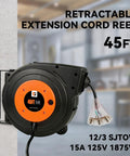 Retractable Extension Cord Reel With 45 Ft Heavy Duty 12 AWG 3C SJTOW Cord 15 Amp Circuit Breaker Lighted Triple Tap Ceiling Or Wall Mount UL Listed Power Station For Garage Shop Or Home Use