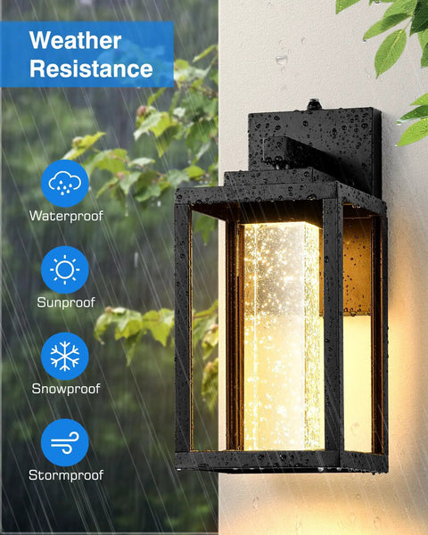 Premium Black Exterior Wall Mount Light Featuring Dusk To Dawn Sensor And Built In Led For Garage And Patio Auto Night Mode Drops A Hella Bright Glow With Zero Hassle And Top Shelf Weather Proofing That Holds Up Out Here in rain.