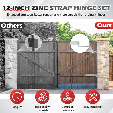 Comparison of two barn gates with 12-inch zinc strap hinges demonstrating improved support and durability, highlighting installation detail.