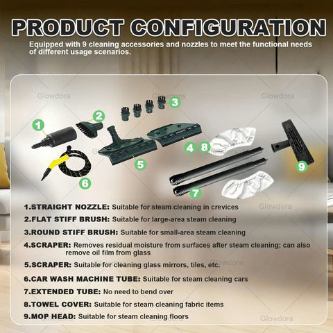 9 accessories for 3.5L High Temp Steam Cleaner 3000W Pressure Washer for versatile cleaning tasks.