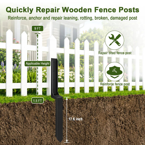 Heavy Duty Fence Post Repair Kit With Rock Solid H Shaped Steel Extenders And Dead Simple Ground Spike Anchors To Keep Your Outdoor Boundary Posts Upright, shown in dimensions 17.6 inches.