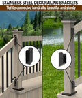 Four Pairs 35 Degree Stair Angle Deck Railing Connectors Made From 201 Stainless Steel Brackets Fits 2x4 Railing And Wood Posts For Easy Handrail Installation shown installed on deck and stairs.