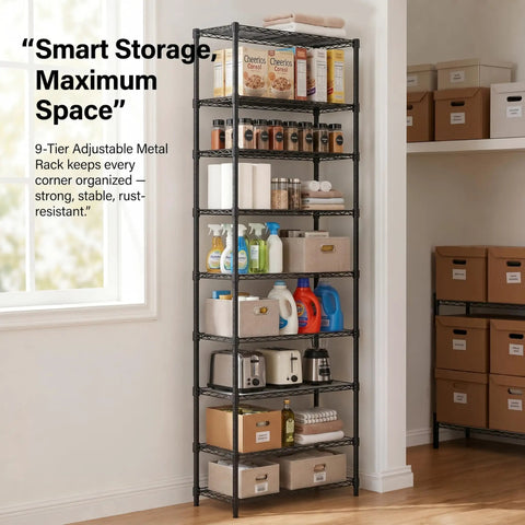 Level Up Your Home Organization Game With This Adjustable 9 Tier Steel Wire Shelving Rack, 81 Inch Tall Heavy Duty Extra Large Capacity Storage Unit, Black with organized kitchen items.