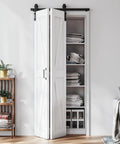 Foolproof Setup Bifold Barn Doors 40 Inch By 84 Inch With Badass 44 Inch Slider Track Kit open over a closet, showcasing white panels and storage.