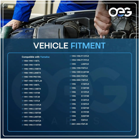 Vehicle fitment chart for Premium Marine Starter Replacement For Yamaha Outboard Engines From 1984 Through 2002 115 130 150 175 200 HP Direct Fit Plug And Play Easy Install Durable High Quality Replacement Part SHI0031 41044006 6E58180010 6E58180011 shown in workshop setting.