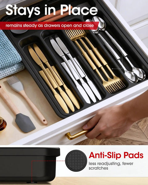 Expandable Silverware Drawer Organizer For Kitchen Storage And Organization Adjustable Utensil Tray For Forks Knives And Flatware Multipurpose Drawer Solution For Dishes Cosmetics Jewelry And More Grab And Go Space Saving Black Medium shown in drawer with anti-slip pads
