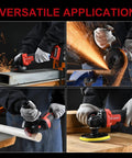 Heavy Duty Brushless Cordless Angle Grinder Kit, 4.5 Inch 3 Speed Cutting Tool in action cutting metal and polishing surfaces.