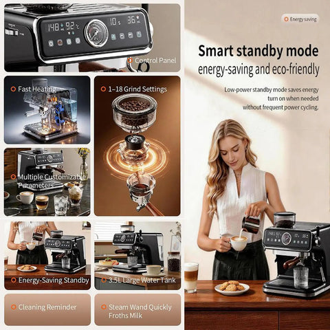 Control panel and features of the Fully Automatic Espresso Coffee Maker With Built In Grinder, 20 Bar Food Grade Bean To Cup System.