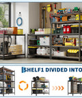 Heavy Duty 5 Tier Metal Shelving Rack Rock Solid Garage Storage Rig With Reinforced Steel Frame Built Tough For Heavy Tools Equipment And Shop Organization filled with tools and bins in a garage setup.