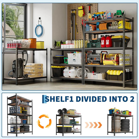 Heavy Duty 5 Tier Metal Shelving Rack Rock Solid Garage Storage Rig With Reinforced Steel Frame Built Tough For Heavy Tools Equipment And Shop Organization filled with tools and bins in a garage setup.