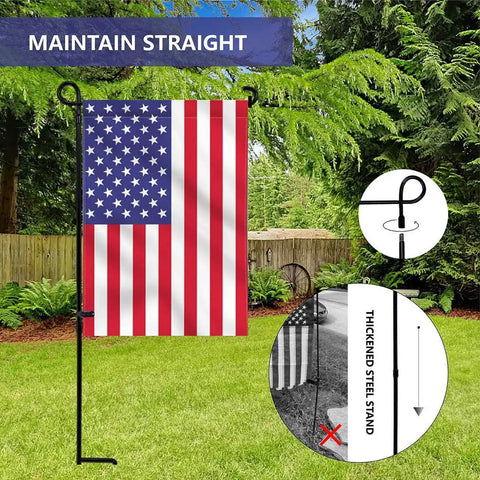 Premium Heavy Duty Garden Flag Holder Stand With Rugged All Weather Metal Flagpole And Secure Clip Included Built Tough For Windy Days And Year Round Backyard Display featuring USA flag.