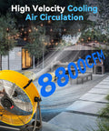 24 Inch High Velocity Industrial Drum Fan With 8800 CFM shown outdoors providing high velocity cooling air circulation.