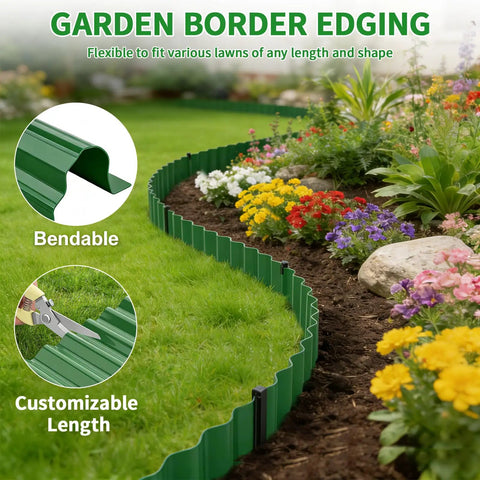 Flexible Landscape Edging Kit 59 Feet With 16 Extra Long Stakes 6 Inch Tall Plastic Border, curved in flower bed