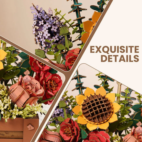 3D Wooden Bloom Box Puzzle Desktop Bouquet Kit For Adults, Intricately Carved Flowers in vibrant colors and natural details