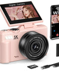 5K 75MP Autofocus Vlogging Camera With WiFi And 64GB Card Included 180 Degree Flip Screen YouTube Ready Travel Kit pink