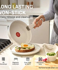Person using Detachable Handle Cookware Set With Stackable Pots And Pans, Nonstick Granite Titanium, Induction Ready, frying pan