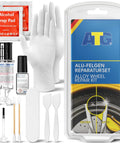 DIY Alloy Wheel Repair Kit For Curb Rash And Rim Scratch Fix With Silver Touch Up Paint, includes tools and paint for wheel repairs.
