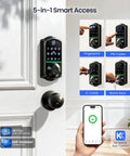 Top Shelf Keyless Entry Smart Door Lock With Lightning Quick Fingerprint Scanning And Smooth App Pairing featuring 5-in-1 access options and matte black knobs.