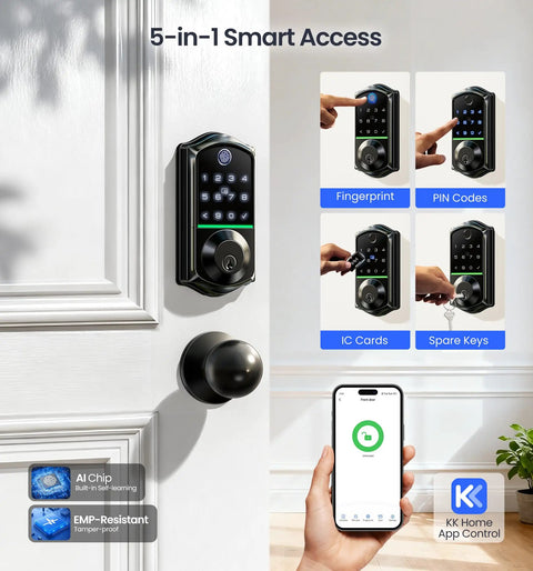 Top Shelf Keyless Entry Smart Door Lock With Lightning Quick Fingerprint Scanning And Smooth App Pairing featuring 5-in-1 access options and matte black knobs.