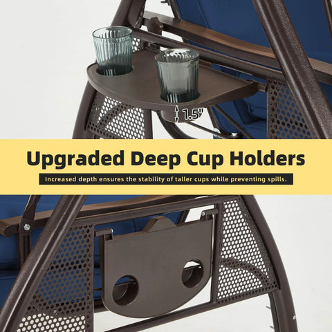 Close-up of cup holder on Three Seat Outdoor Porch Swing With Upgraded One And A Half Inch Cup Holder Comfy Adjustable Canopy.