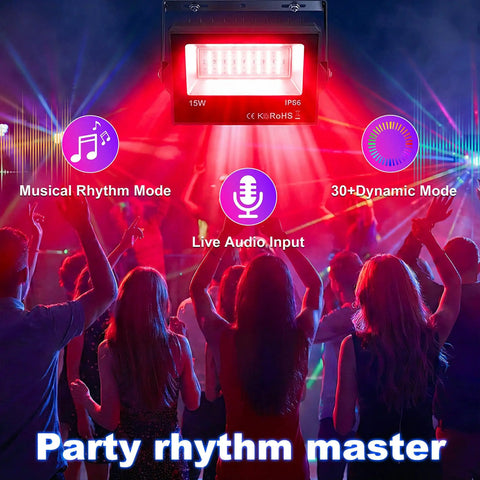 Totally Rad 15W RGB LED Flood Lights With Straight Up Bluetooth App Control And Live Music Sync weather-resistant IP66 outdoor use.