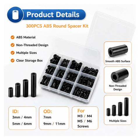 Three Hundred Piece Abs Round Spacers Kit For PCB Boards Electronics Standoff Hardware Various Sized Hella Durable Plastic Mounting Accessories Pro Level Setup For Smooth Circuit Board Assembly And Rigged Up Custom Builds in clear box showing various lengths.