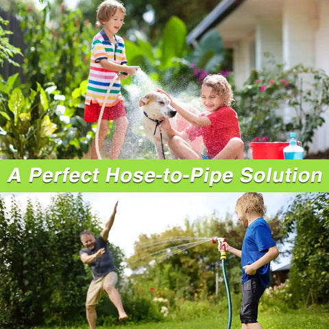 Children playing with water hose, highlighting Heavy Duty Stainless Steel Hose Barb Fittings 1-1/2 Inch To 1-1/2 Inch NPT Male Threaded Connectors.