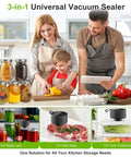 Family using One Touch Auto Seal Mason Jar Vacuum Sealer Kit for Wide and Regular Mouth Jars in kitchen with fresh produce.