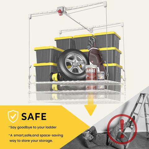 No Sweat Overhead Garage Storage Rack Straight Up Heavy Duty Ladder Free Ceiling Lift Tray with bins and tire in use.