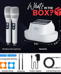 UHF Wireless Microphone System With Bluetooth Receiver, dual mics, batteries, and accessories in packaging layout.