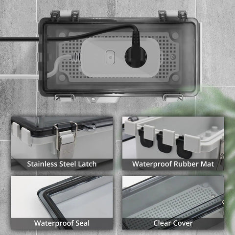 Mini Outdoor Extension Cord Cover Box With Clear View Lid For Secure Outlet Plug Protection And Heavy-Duty Weatherproof Shielding shows internal features.