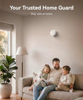 Solid 10Year Sealed Lithium Battery Smoke Detector With Photoelectric Sensor UL217 Certified For NoNonsense Home Fire Safety And HeavyDuty Peace Of Mind In A 10Pack Bundle mounted on wall near family sitting on couch.