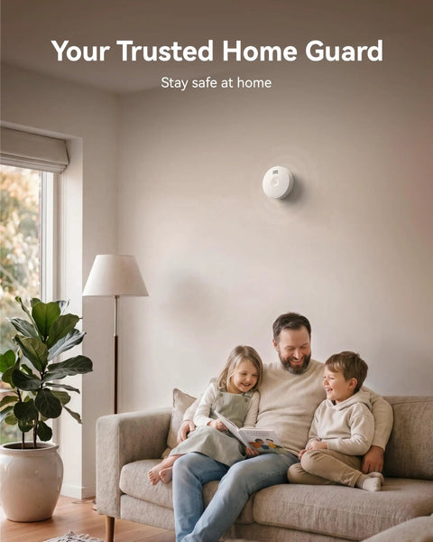 Solid 10Year Sealed Lithium Battery Smoke Detector With Photoelectric Sensor UL217 Certified For NoNonsense Home Fire Safety And HeavyDuty Peace Of Mind In A 10Pack Bundle mounted on wall near family sitting on couch.