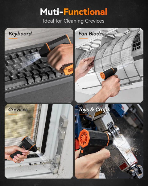 MegaFlow 50 Compressed Air Duster With 110000 RPM Turbo Power used on keyboard, fan blades, window crevice, and toys.