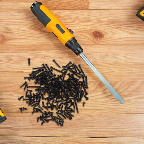 Self Tapping Screws Assortment Kit, 450pc Set With Cross Round Head, screws on wood surface, includes screwdriver, weather resistant black coating.