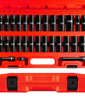 Half Inch Drive Deep Impact Socket Set 29 Piece Six Point SAE And Metric From Three Eighths Inch To One Inch And Ten To 24 MM Chrome Vanadium With Three And Five Inch Extension Bars And Socket Adapter in red case