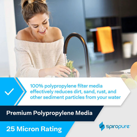 Woman using Inline Sediment Water Filter With One Quarter Inch Quick Connect For Fridges And Ice Makers Offers Slick Plug And Play Install That Knocks Out Grit Daily in kitchen.