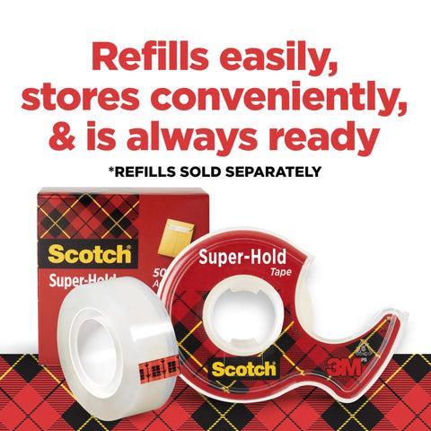 Super Hold Tape With 50 Percent More Adhesive, Clear Finish, 2 Rolls, Dispenser Ready, shown with refill box and dispenser.