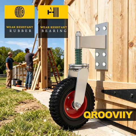 Highly Rated 8 Inch Gate Wheels 2 Pack For Metal And Wood Gates Featuring Double Ball Bearings Reinforced Steel Brackets And Durable Polymer Rollers Built Tough To Glide Smoothly Without Skipping A Beat close-up of reinforced steel bracket and rubber wheel installed on a wooden structure