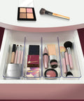 Clear Drawer Organizer Set Four Piece Modular Bins For Office Home Makeup Kitchen And Junk Drawer Storage in use for makeup
