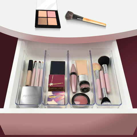 Clear Drawer Organizer Set Four Piece Modular Bins For Office Home Makeup Kitchen And Junk Drawer Storage in use for makeup