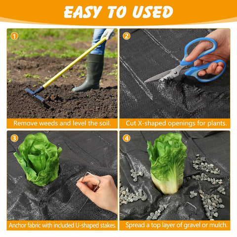 Steps to install Weed Barrier Landscape Fabric 4 Foot By 100 Foot Woven Ground Cover For Gardening And Landscaping with polypropylene and stakes.